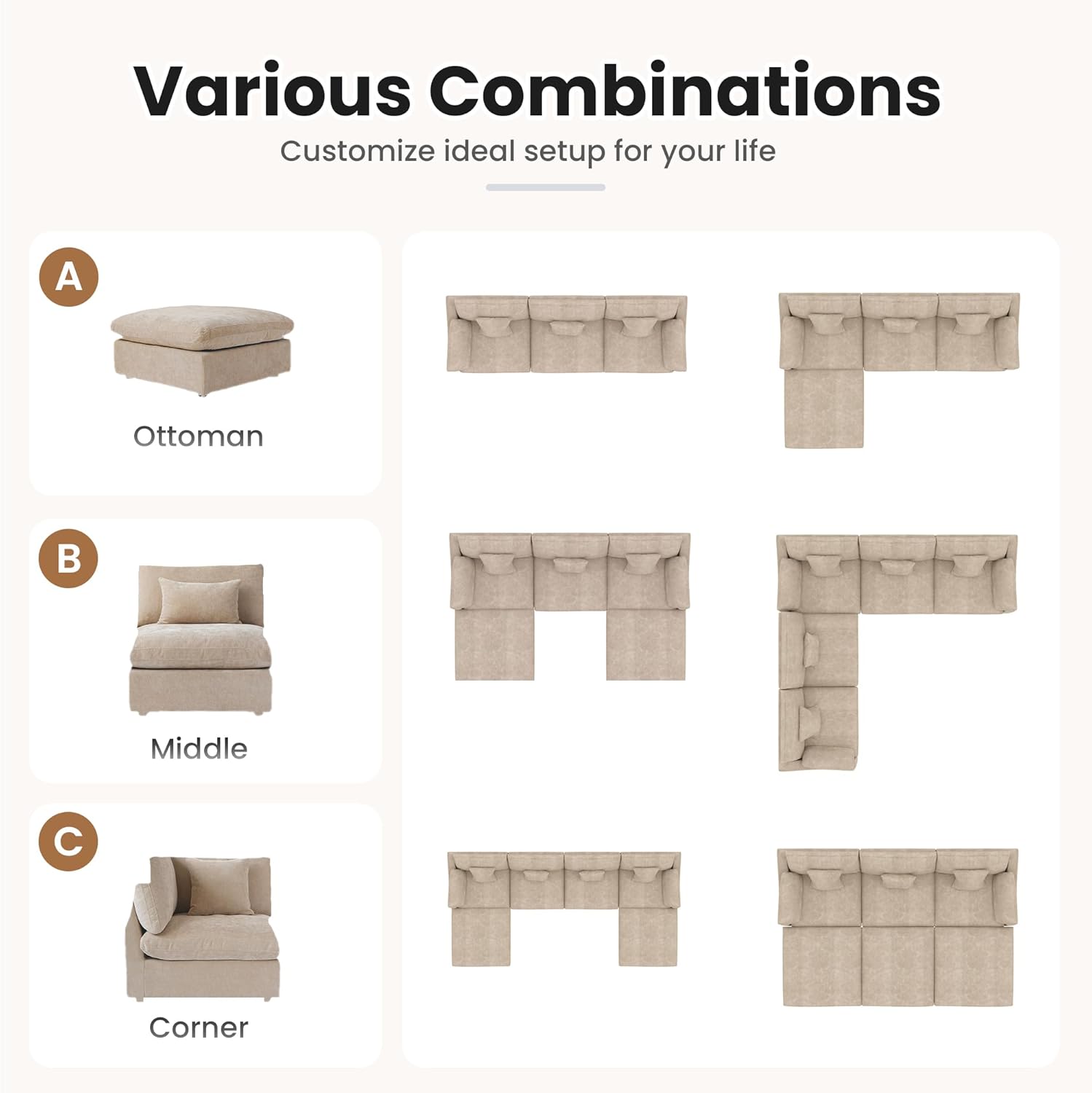 156" Cloud Modular Sectional Sofa Couch,U Shaped Couch with Ottoman,Down Filled 8 Seater Convertible Sleeper Bed Living Room Set,Covers Washable&Replaceable (Khkai)