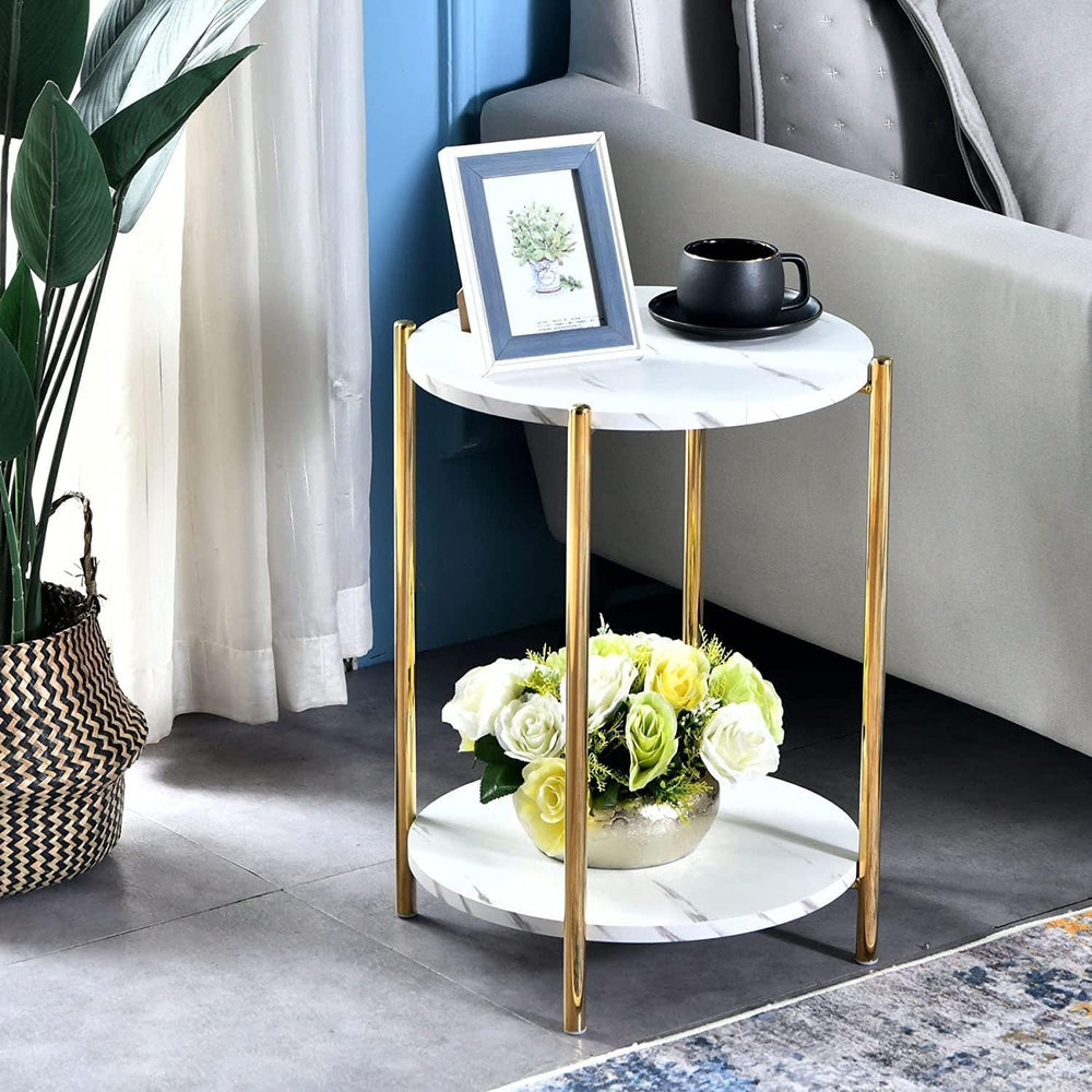 Gold End Table, Faux Marble Side Table, 2-Tier Small Round Nightstand for Bed...