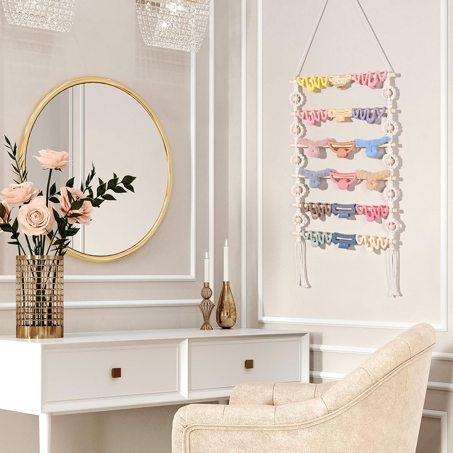 SNOWSTAR Macrame Hair Claw Clip Organizer,Hanging Hair Clip Holder and Storage for Women Girls,Claw Clip Hanger Home Decor for Wall,Door,Closet