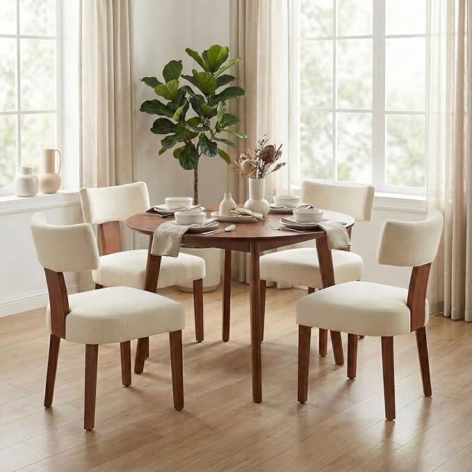 Dining Chairs Set of 4, Upholstered Fabric Kitchen Chairs with Solid Wood Legs, Modern Mid Century Accent Side Chairs for Dining Room Living Room, Ergonomic Comfort White(White, Set of 4)