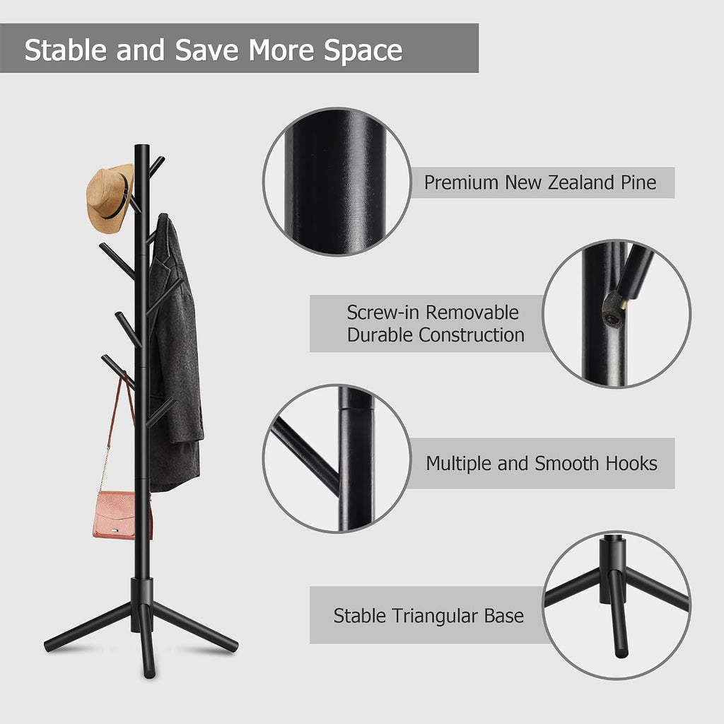 Coat Rack, Coat Racks Freestanding with 8 Hooks 3 Adjustable Heights for Clothes, Hats, Handbags, Coat Tree Easy Assembly for Entryway, Bedroom, Hallway, Office(Black)