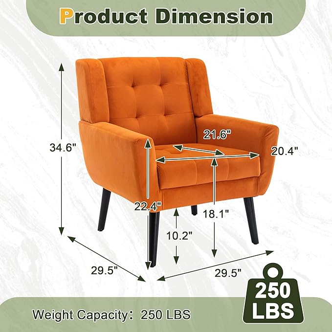 NicBex Modern Accent Chair for Living Room Upholstered Foam Filled Living Room Chairs with Metal Legs Velvet Cozy Lounge Armchair for Living Room Bedroom,Orange
