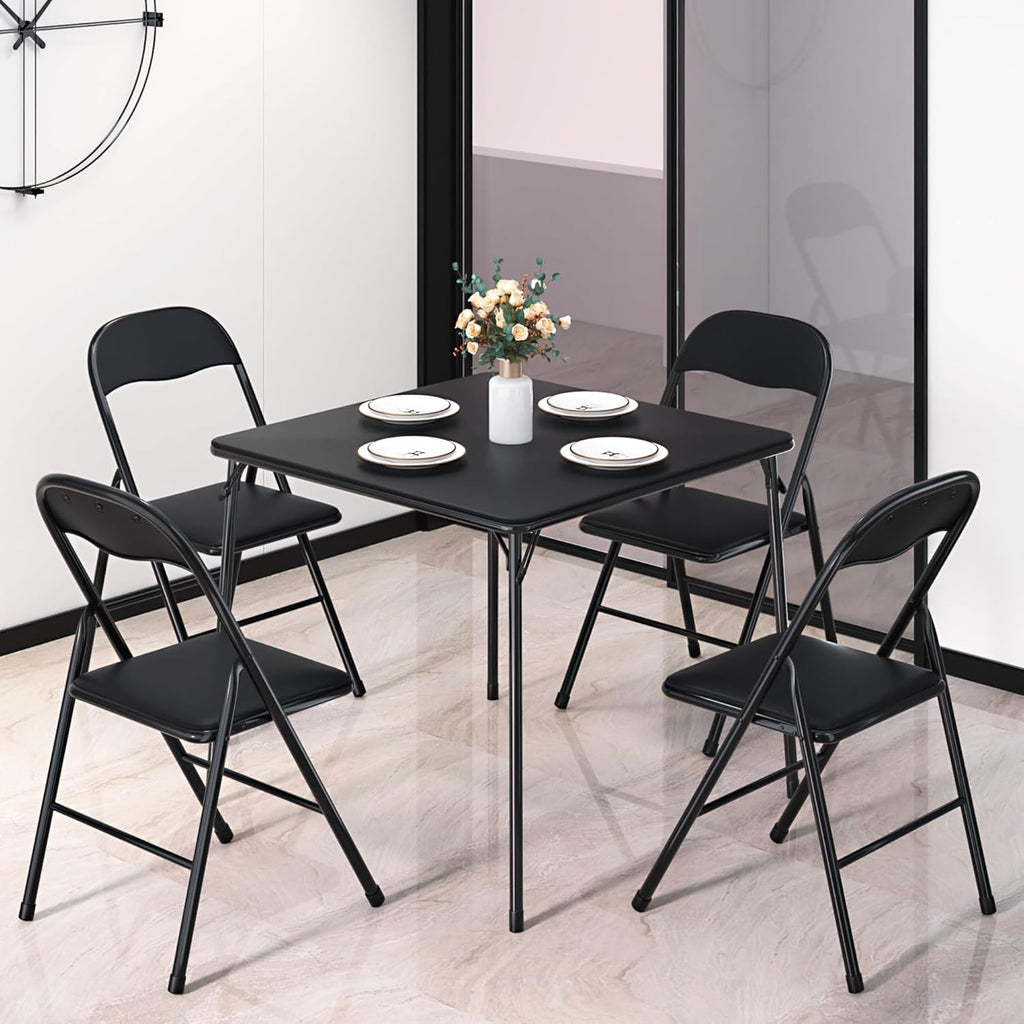 VECELO Folding Card Table and Chair Set of 5 Foldable with Padded Upholstery Tabletop, Metal, Black