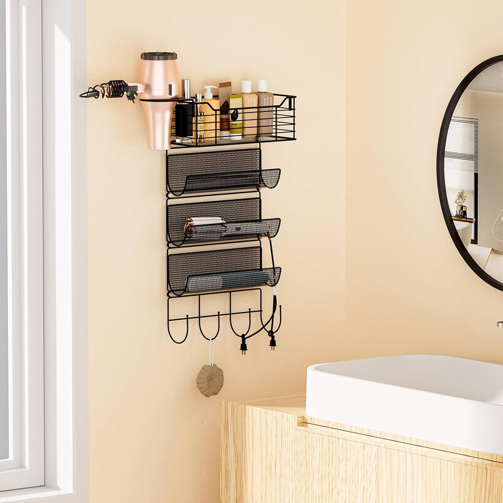 VITVITI Metal Hair Tool Organizer Wall Mount, Hair Dryer Holder with 4 Tier Shelf Basket Hooks, Bathroom Styling Tool Organizer for Curling Iron/Blow Dryer/Straightener, Matte Black