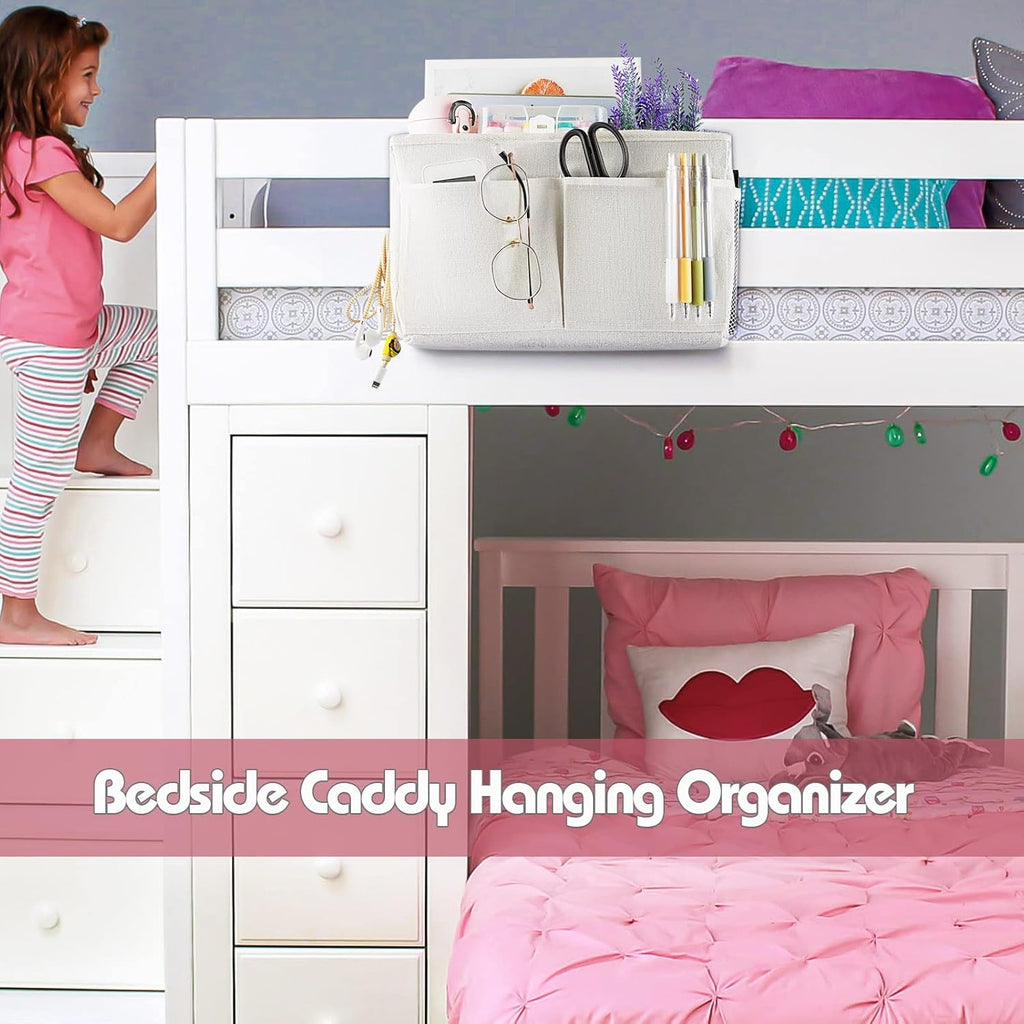 Bedside Caddy Hanging Storage with Water Bottle Holder for Bunk Bed Hospital Bed Dorm Rooms (White)