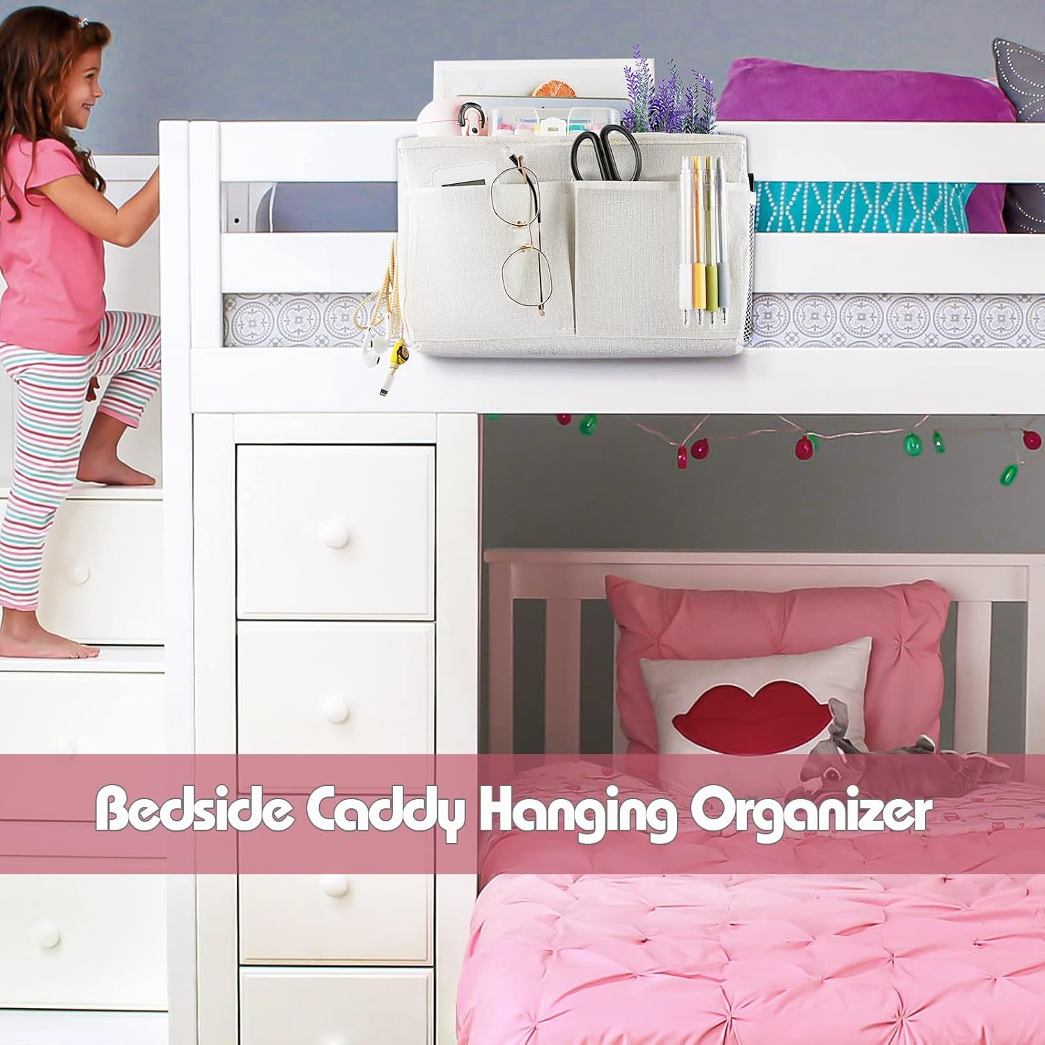 Bedside Caddy Hanging Storage with Water Bottle Holder for Bunk Bed Hospital Bed Dorm Rooms (White)
