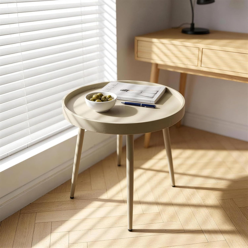 20" Round Side Table, Plastic Top, Iron Frame, Waterproof, Camel | Water...