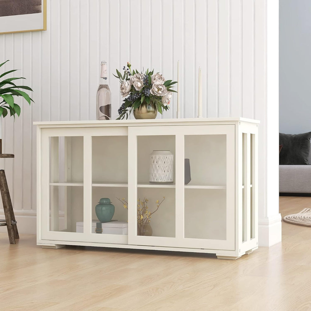 White Sideboard Buffet Cabinet with Sliding Glass Doors, Storage Credenza wit...
