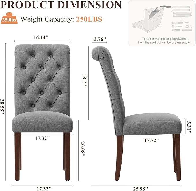 Upholstered Tufted Dining Room Chairs Set of 2, Parsons Kitchen Chairs with Padded Seat and Solid Wood Legs, Fabric Accent Side Diner Chair for Dining Room/Kitchen/Living Room, Grey