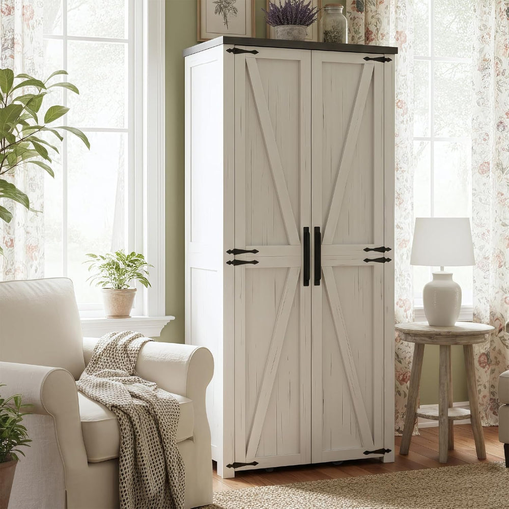 Food Pantry Storage Cabinet with Led Light, 71" Tall Farmhouse Kitchen P...