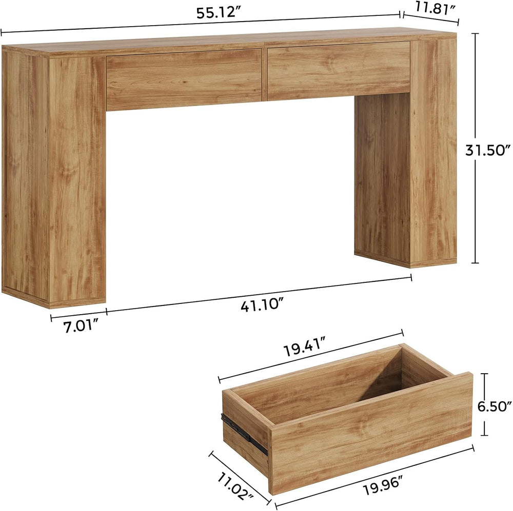 Farmhouse Console Table with LED Light and 2 Drawers, Natural Oak | 55 inch L...