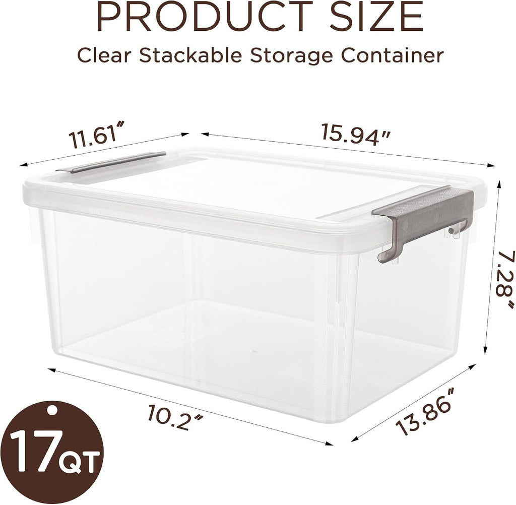 17QT Plastic Storage Bins with Lids, 5Packs Stackable Containers | Large Clear Storage Box with Durable Latching Organizing for Garage,Closet,Kitchen