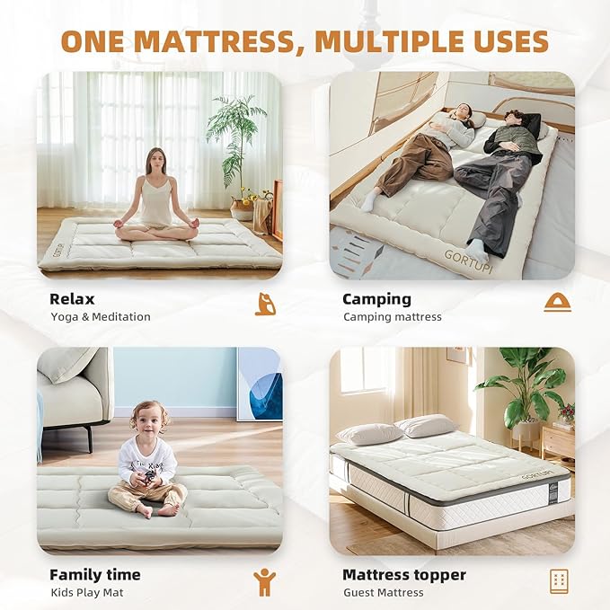 Twin Size Japanese Floor Futon Foldable Futon Mattress for Floor Tatami Mattress Portable Rollaway Bed for Guest Playmat for Kids Tatami Sleeping Pad Japanese Mattress for Adults Beige A