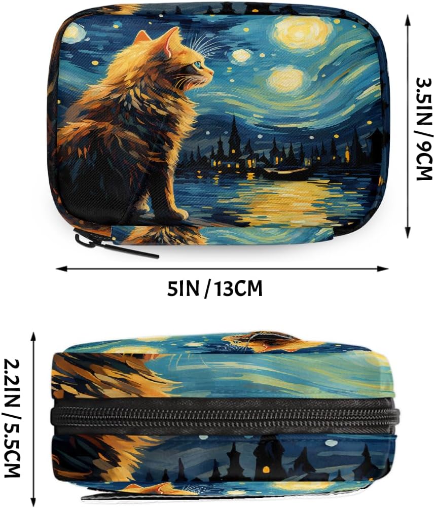 Oil Painting Starry Sky Cat Pill Organizer Travel Medicine Case with Zipper Daily Vitamin Storage Bag Portable 8 Slot Weekly Pill Box Supplement Holder for Home Office Gym Travel