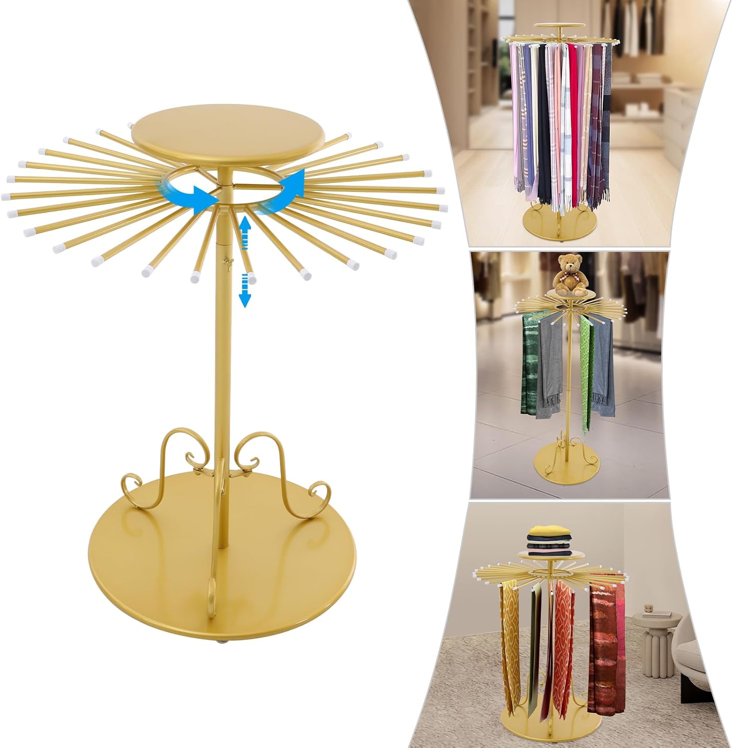 Rotating Scarf Display Rack with 30 Rods,Golden Freestanding Scarf Display Stand Height Adjustable Scarf Holder Organizer for Scarf Shawl Jewelry Trouser