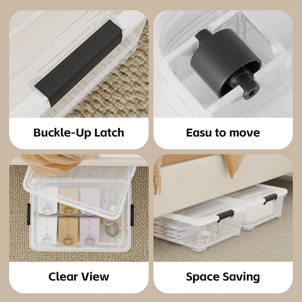 30 L Wheeled Latch Box, Clear Underbed Storage Bin with Lid, Black Latch, 4 Count