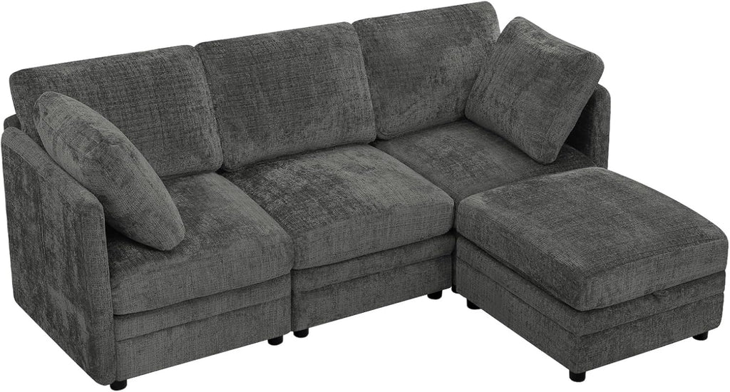 86” 4-Seater Chenille Modular Couch w/Adjustable Backrest, Grey | Upholstered L-Shape Sectional Sofa with Removable Ottoman, Convertible Sleeper Sofa with Storage Seats for Living Room