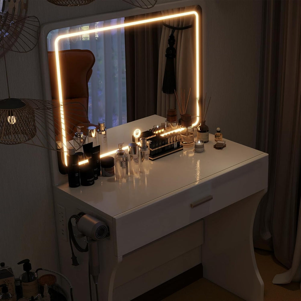 Vanity Desk, Makeup Vanity with LED Light Mirror, Small White Vanity with a S...