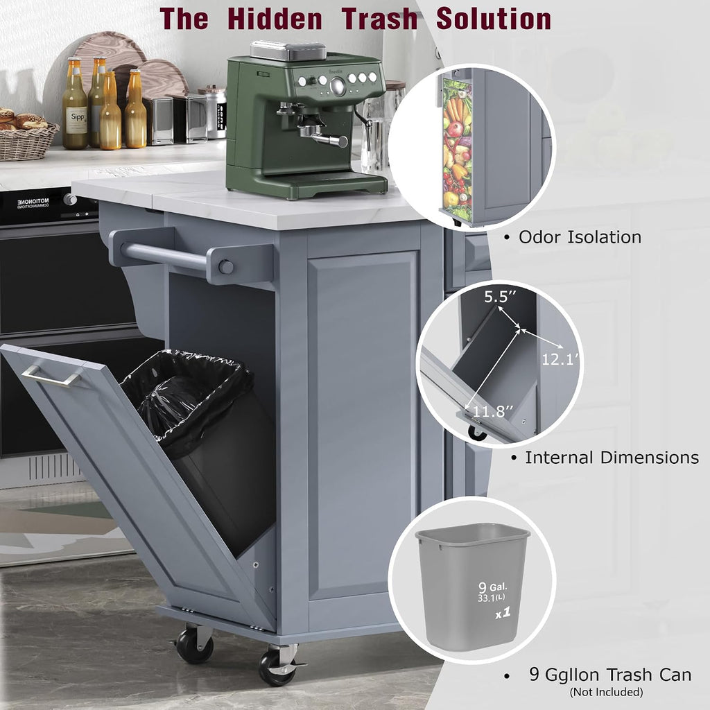 Merax 50.7" Kitchen Island with Storage Tilt Trash Can Cabinet and Pull Out Cabinet Organizer, Rolling Kitchen Island on 5 Wheels with Drop Leaf, 2 Drawers, 1Door for Dining Room, Grey+Blue