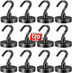DIYMAG Black Magnetic Hooks, 120 LB Heavy Duty Strong Magnets with Hook, Rare Earth Neodymium Magnet for Cruise Cabins Ship Essentials 12 Packs