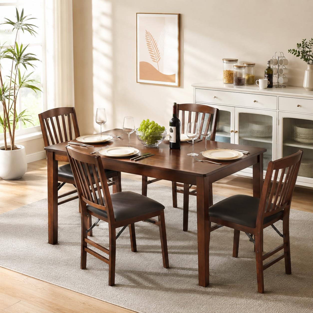 POWERSTONE Folding Dining Chairs Set of 6, Slat Back Foldable Kitchen Chair | PVC Padded Cushions, Solid Wood Frame, No Assembly, 400 LBS Capacity for Dining Room Apartment Small Spaces