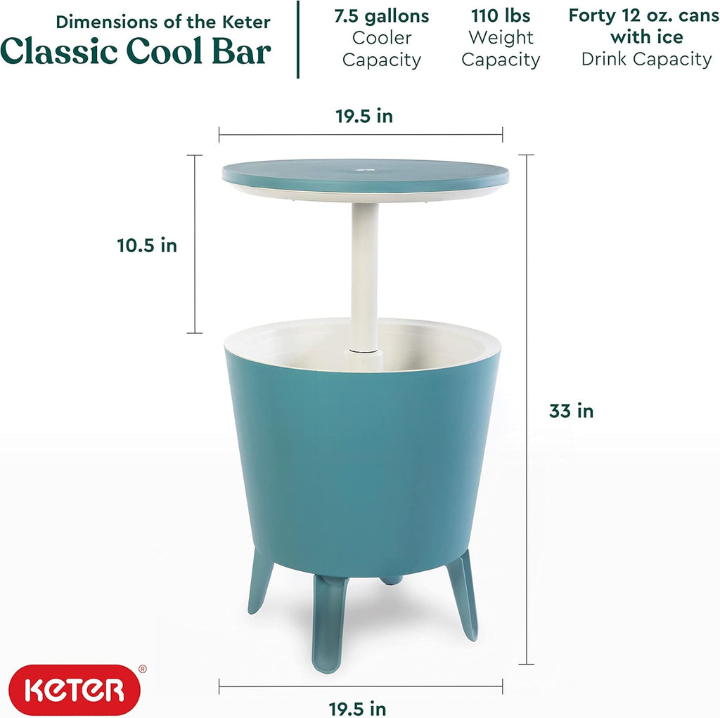 Keter Modern Cool Bar Outdoor Patio Furniture and Hot Tub Side Table with 7.5 Gallon Beer and Wine Cooler, Teal