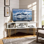 Corner TV Stand for 50 Inch TV, Entertainment Center with Storage Cabinet, Industrial Media Console Table with High Metal Feet and Anti-Slip Pads, TV Stand for Living Room, 50" TV Console, White