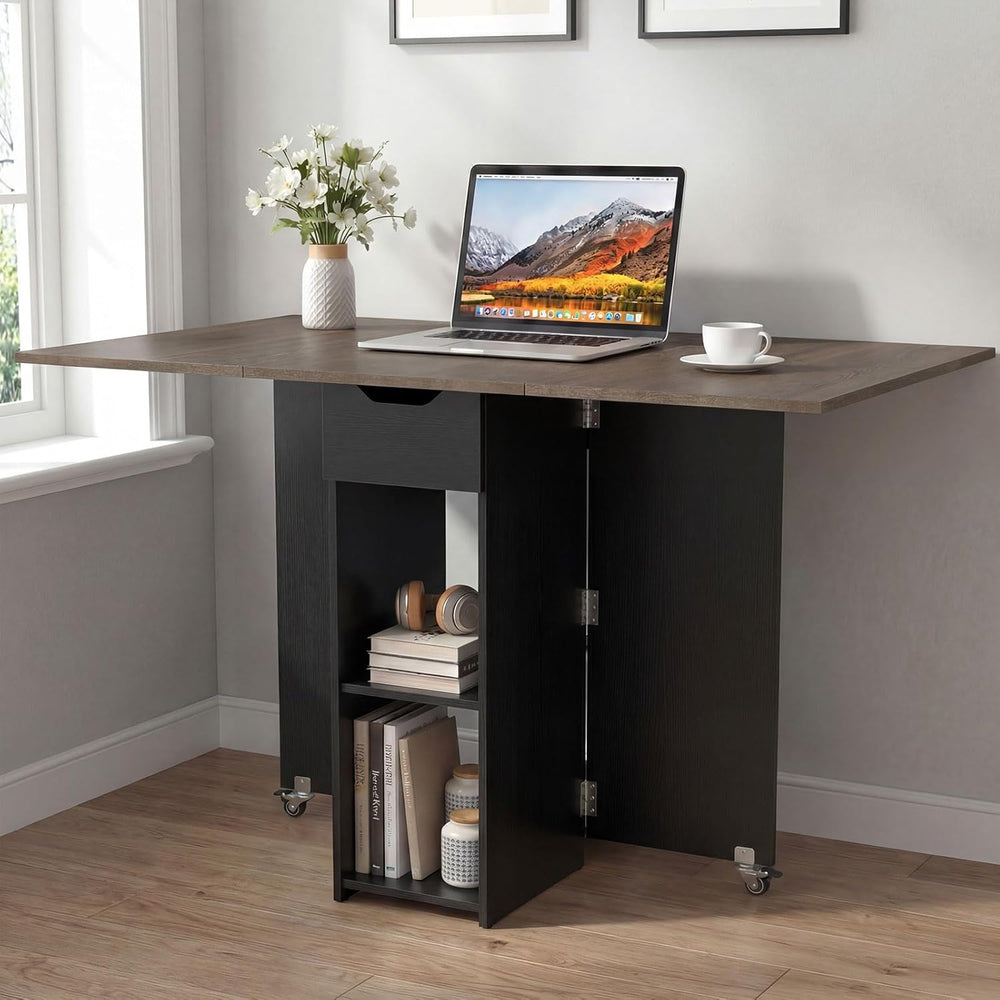 GOFLAME Drop Leaf Dining Table for 2-4, Folding Kitchen Table with Open Shelv...