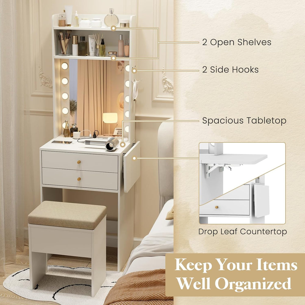 COSTWAY Vanity Desk with Mirror and Lights, Narrow Dressing Table with Foldab...