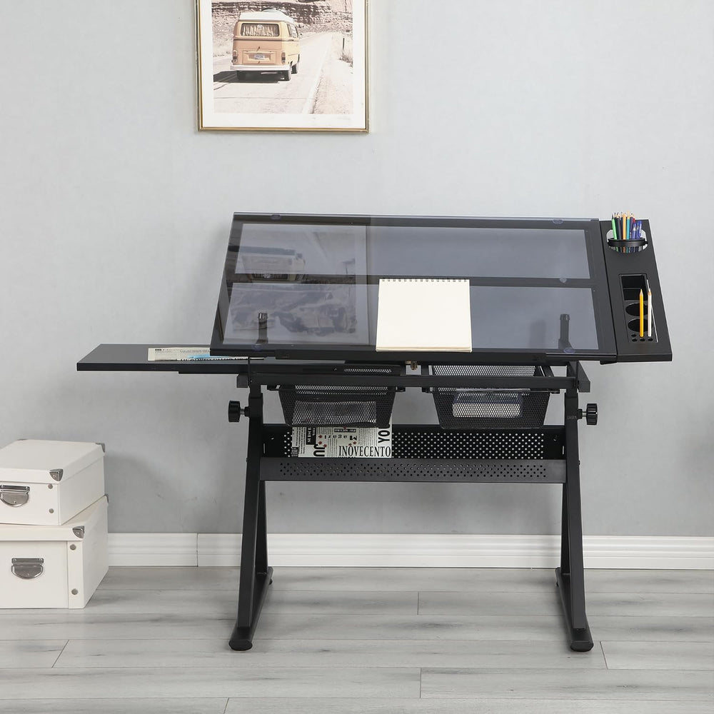 Adjustable Drafting Table with Tempered Glass Top & Storage Drawers | Hei...