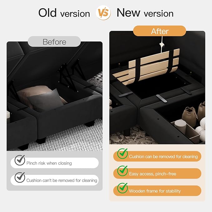 Belffin Modular Sectional Sofa with Ottomans Velvet Reversible Sleeper Chaise Bed Storage Seat Black