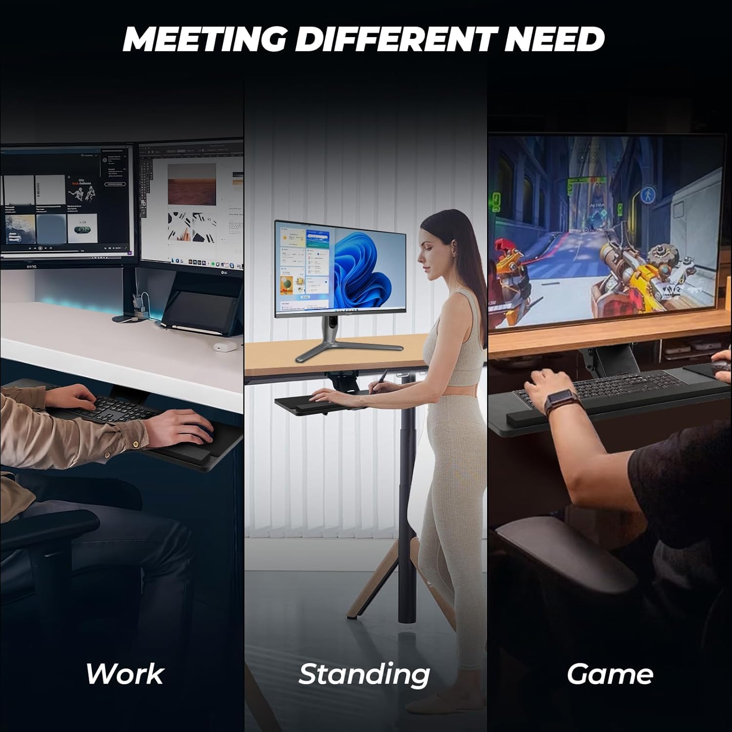 Ergonomic Keyboard Tray Under Desk，Large Size Keypad Tray Holder， 360° Adjustable Slide Out Keyboard Tray Under Desk with Mouse Pad & Wrist Rest， Suitable for Office/Game/Home