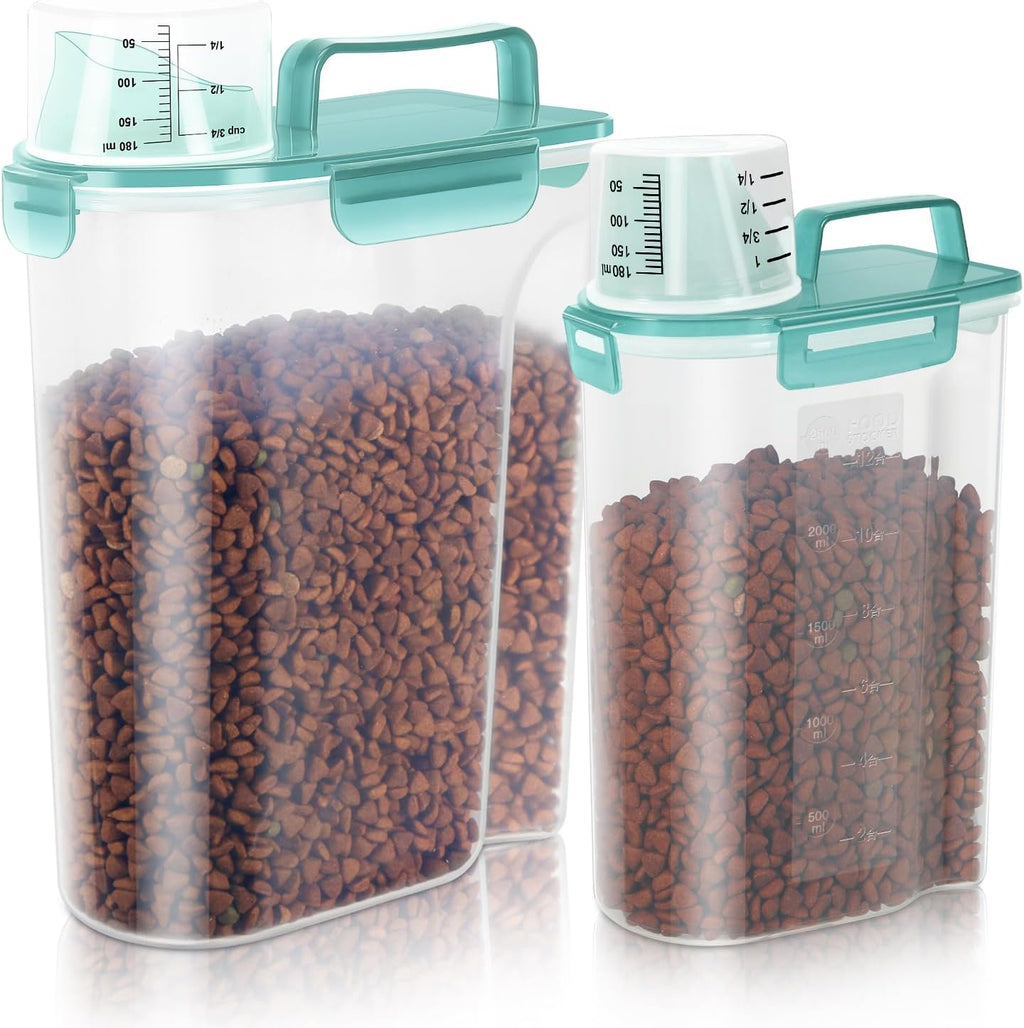5-7Lbs Dog Cat Food Storage Container with Upgraded Large Nozzle BPA-free, 4 Snap Seals Plastic Pet Food Storage Containers with Handles (Clear Blue, (5L+3L) 2pack)