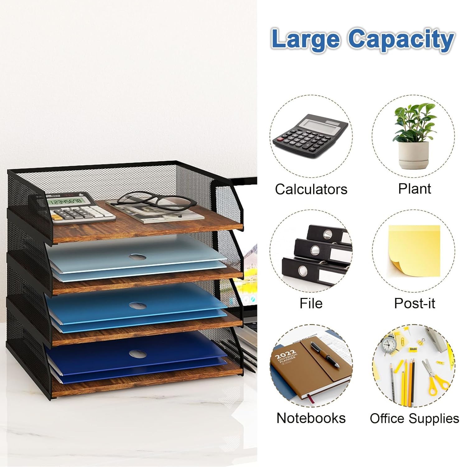 Natwind 4-Tier Stackable Paper Tray, Metal Mesh Desktop Organizer, Paper Sorter, Letter Trays,File Document Storage Rack for for Home, Office, School (Retro)