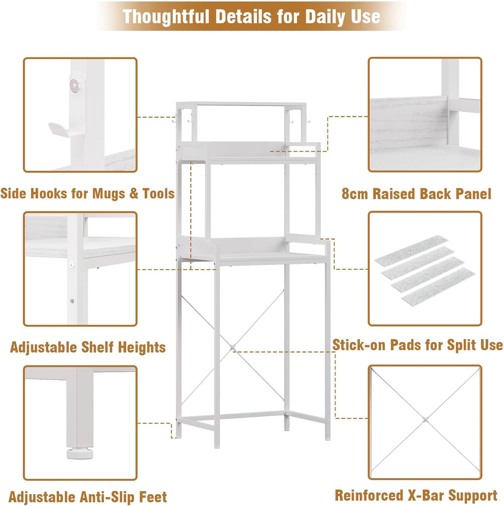 3-Tier Kitchen Bakers Rack with Adjustable Shelves, Freestanding Kitchen Microwave Stand with Storage, Split Design Coffee Bar Shelf for Home Office (White, 25.6")