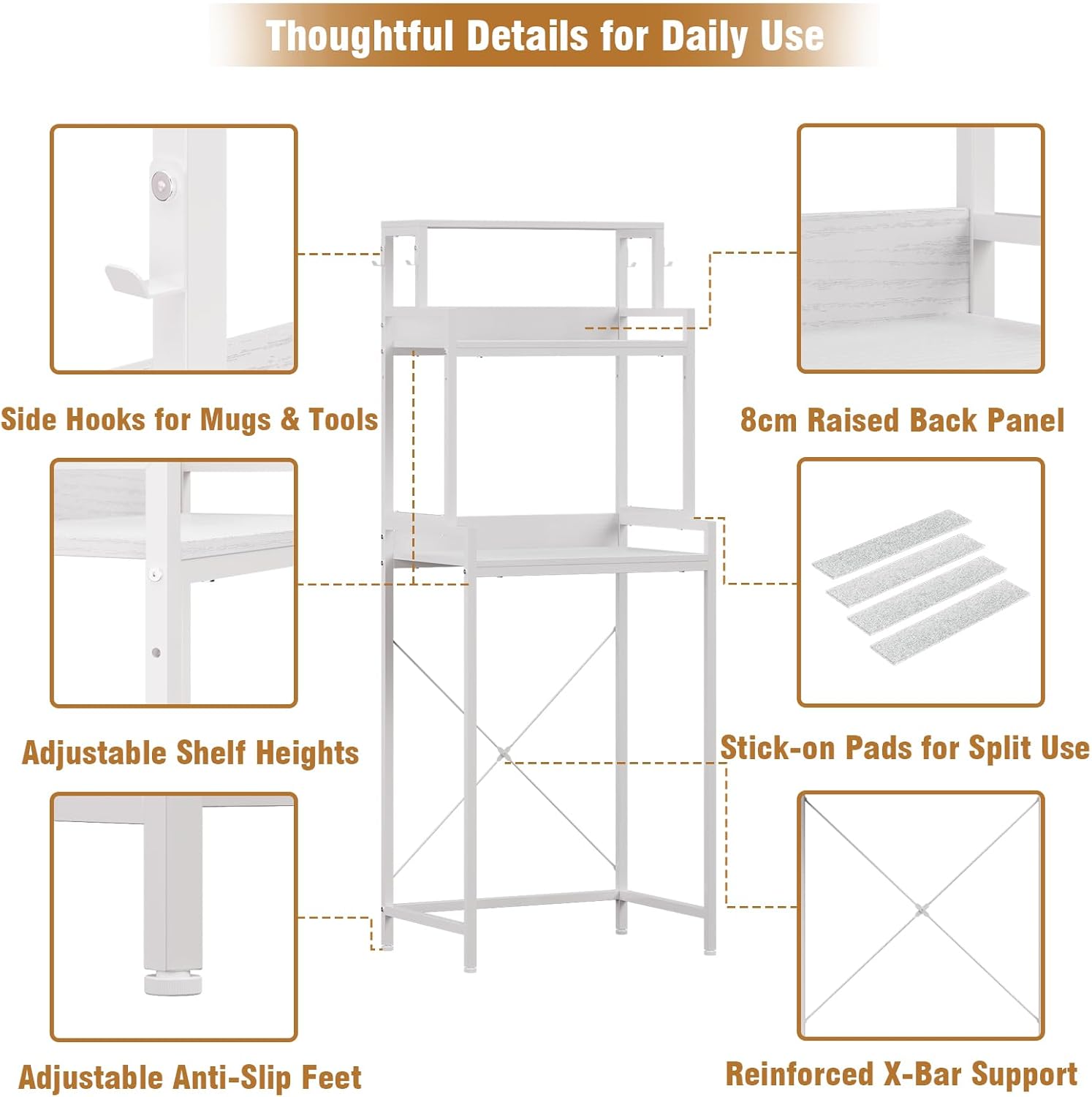 3-Tier Kitchen Bakers Rack with Adjustable Shelves, Freestanding Kitchen Microwave Stand with Storage, Split Design Coffee Bar Shelf for Home Office (White, 25.6")