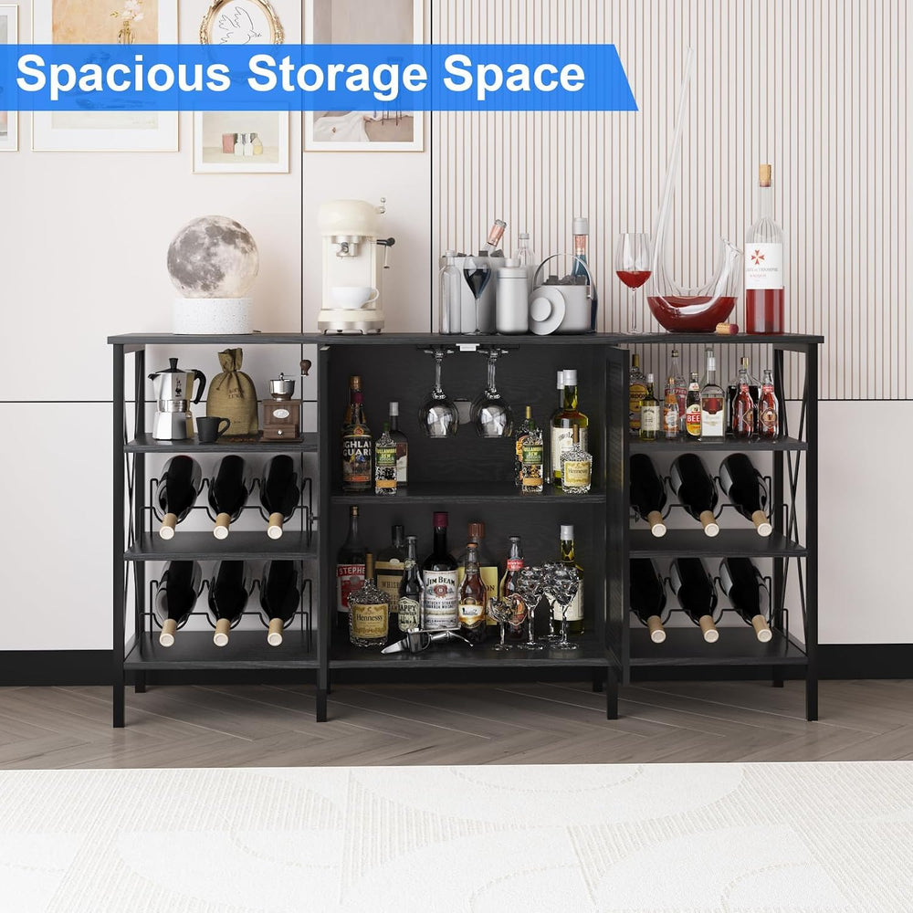 Wine Bar Cabinet with Doors, 55" Freestanding Iron Metal Sideboard Buffe...