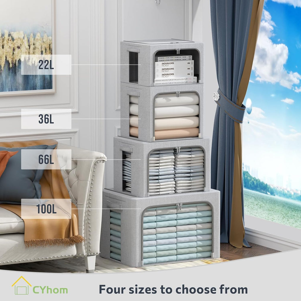 CYhom 3Pack Foldable Storage Bins - Frame Storage Box Linen Fabric Stackable Clothes Container Organizer with Clear Window & Carry Handles Large Capacity (Small-22L, Light Grey)