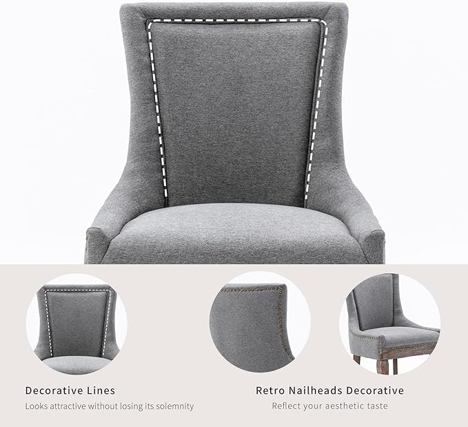 Gray Dining Chairs Set of 2, Kitchen & Dining Room Chairs, Fabric Upholstered Dinning Chairs, Sillas De Comedor, Nailhead Trim, Wood Legs (Grey, 2 Pcs)
