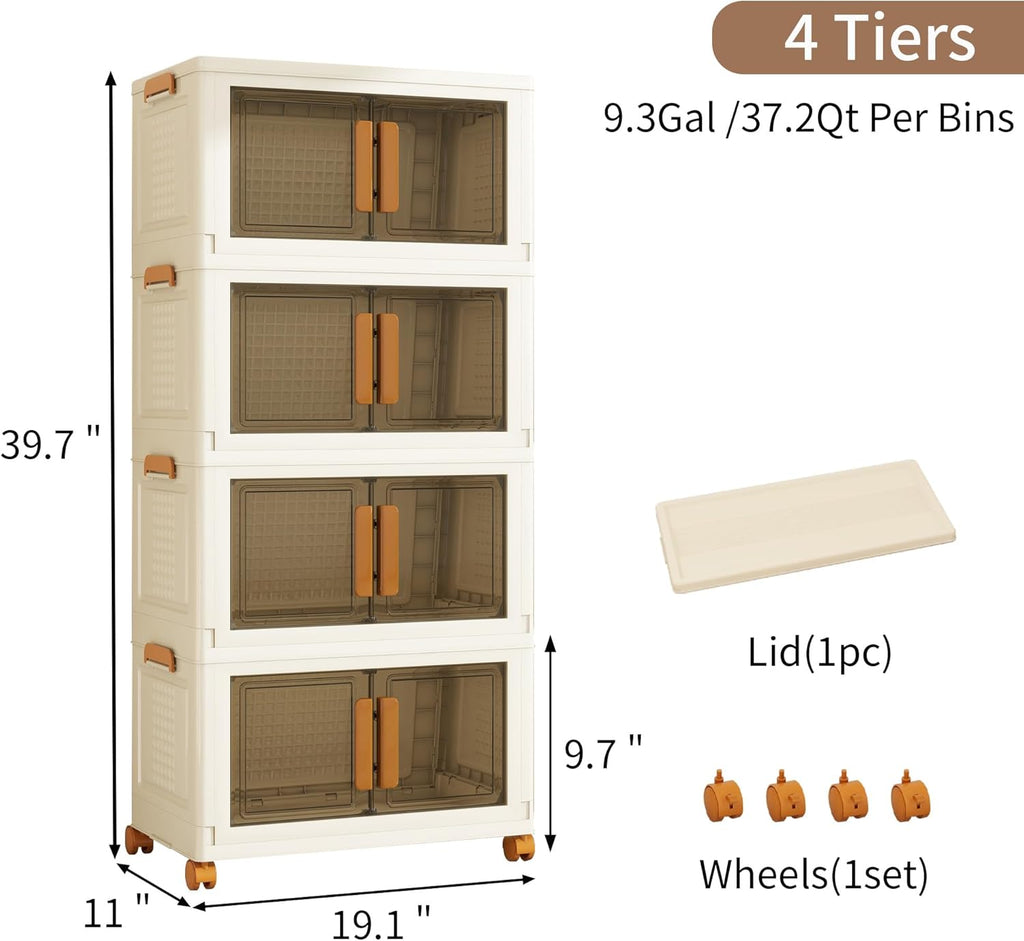 Plastic Stackable Storage Bins with Lids and Wheels, Foldable Storage Containers, Collapsible Clear Storage Cabinet with Doors White 4Tiers 148.8QT