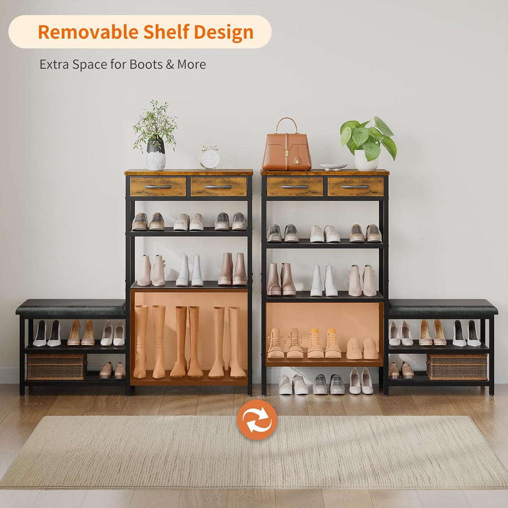 HavenlyYouth Shoe Rack Bench Cushioned with 2 Drawers & 5-Tier Entryway O...