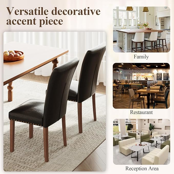 Stylish Dining Chairs Set of 4, Upholstered Parsons Dining Room Chair with Nailhead Trim, Kitchen Room Chair with Thick Cushions and Wood Legs, Nailhead Trim, Black Leather