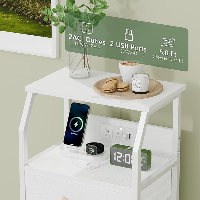 Furnulem Night Stand with Charging Station, 28.3 Inch Tall Bedside Table with...