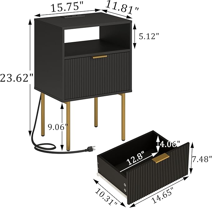 Modern Nightstand with Charging Station and LED Lights, Black Nightstand with...