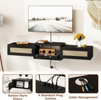 IBUYKE Modern Rattan Floating TV Stand with Doors,Wall Mounted TV Shelf for TVs up to 55 Inches,Media Console Entertainment Center for Under TV Storage Cabinet for Living Room Bedroom,Black UWST012B