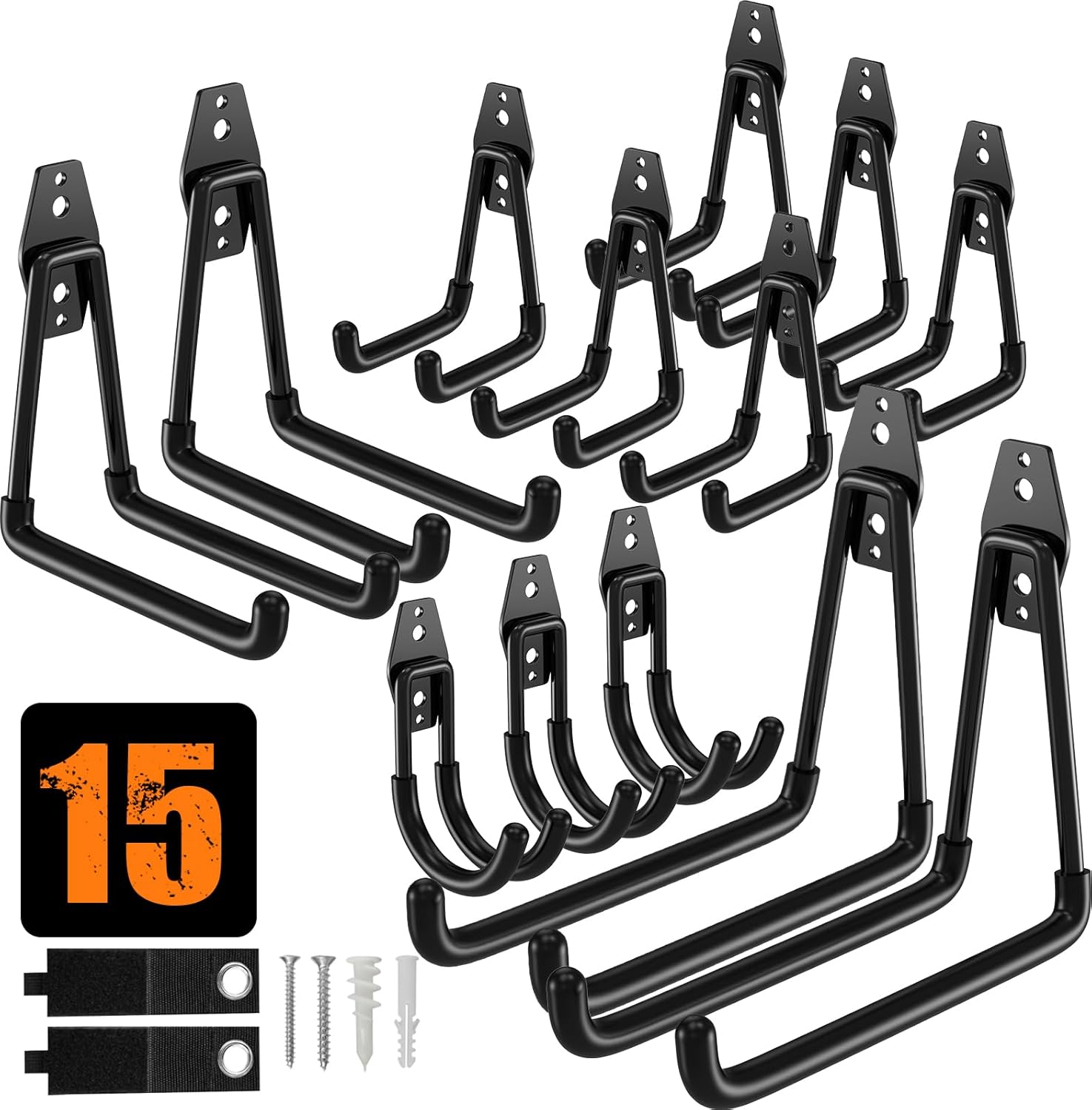 QcoQce 15 Pack Garage Hooks Heavy Duty with 2 Extension Cord Straps,Garage Storage Hooks, Wall Mount Hooks, Garage Organization and Tool Hangers for Bike, Ladder, Ropes and Garden Tools