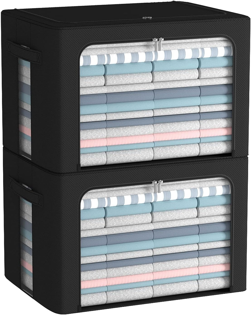 CYhom Clothes Storage Bins Box - Linen Fabric Foldable Stackable Container Organizer Set with Clear Window & Carry Handles & Metal Frame (Black, Large-66L)