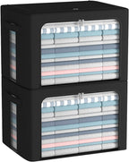 CYhom Clothes Storage Bins Box - Linen Fabric Foldable Stackable Container Organizer Set with Clear Window & Carry Handles & Metal Frame (Black, Large-66L)