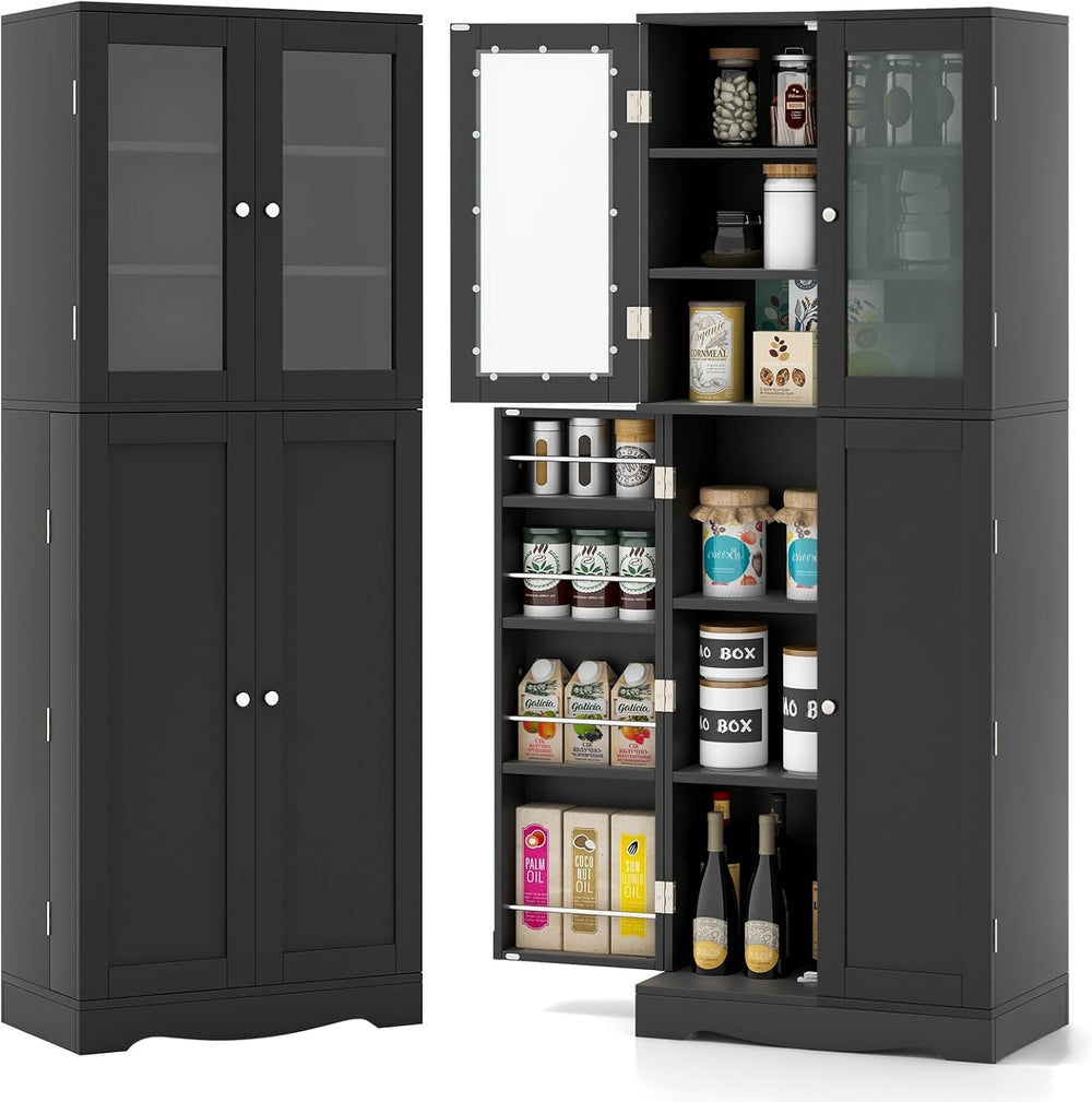 SlickBlue Tall Kitchen Pantry Cabinet with Tempered Glass Doors and Storage S...