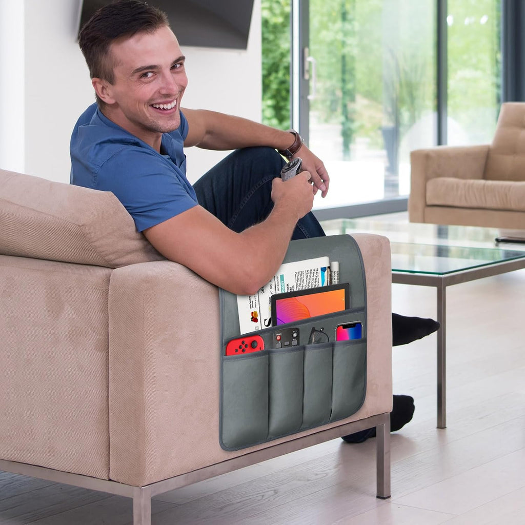 TV Remote Control Holder Couch Caddy, Non-slip Bedside Caddy Organizer with 5 Pockets for Key Glasses Phone Magazine Holders (Gray, 35"x12.4")